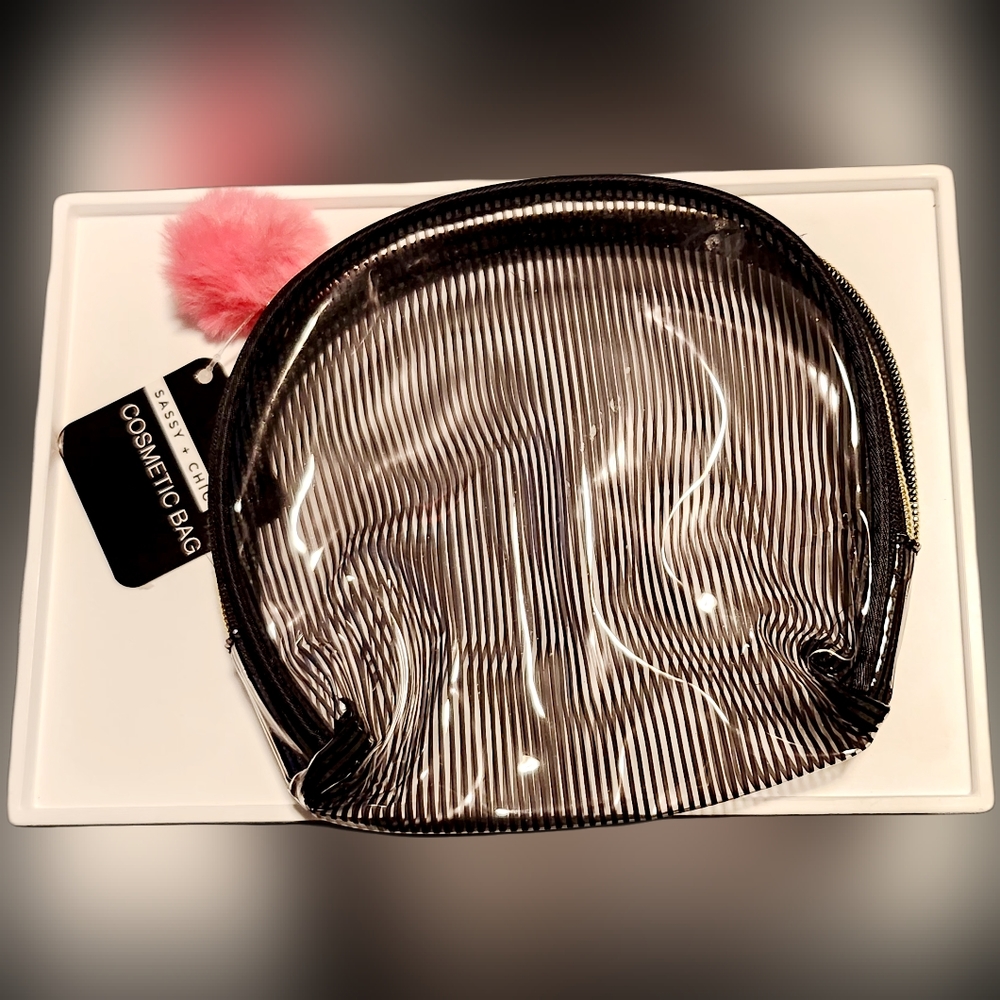 NWT PINSTRIPED PVC POMPOM ZIPPER ROUND SHAPED COSMETIC POUCH!